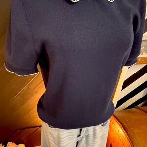 Zara Navy Blue Short Sleeve Knit Top with Scalloped Embroidered Peter Pan Collar
